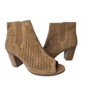 TOMS Majorca Womens 7.5‎ Camel Suede Peep Toe Perforated Zip Ankle Bootie Heels